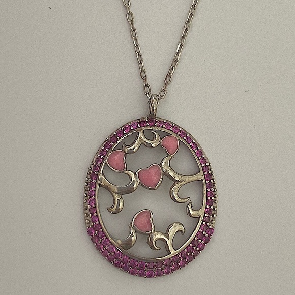Jewelry - 925 Silver oval life tree pink hearts cz necklace